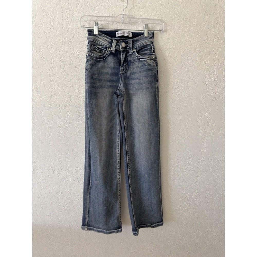 TELEPATIA Jeans Junior's Size 0/ XS Blue Mid-Rise Bootcut Rhinestone Denim - Picture 2 of 5